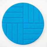 On an oval canvas is light blue color with horizontal and vertical stripes.